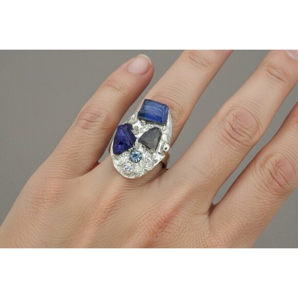 AlmavAntigua Jewelry - Brutalist Sea Glass Cocktail Ring & Crystal Accent Size 9